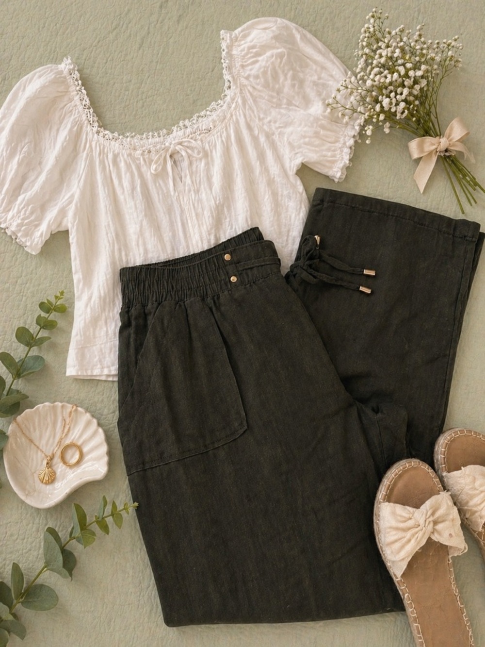 Ci Sono Olive Drawstring Relaxed Linen Pants